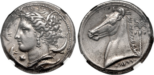 古代ギリシャ シシリー  シクロプニック紀元前320-300年頃 テトラドラクマ NGC XF 5/5 4/5Fine Styleの画像