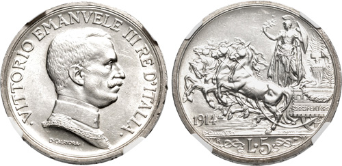イタリア1914年ヴィットエル エマヌエレ3世5リレ銀貨NGC MS61の画像