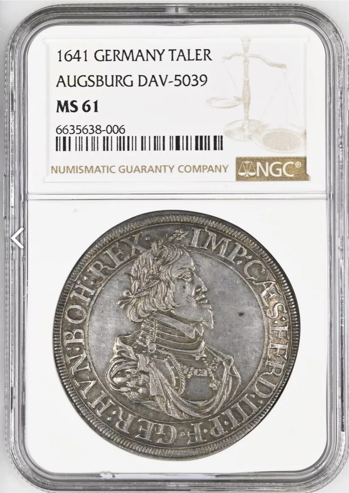 ドイツアウグスブルク1641年都市景観ターラー銀貨 NGC MS61の画像