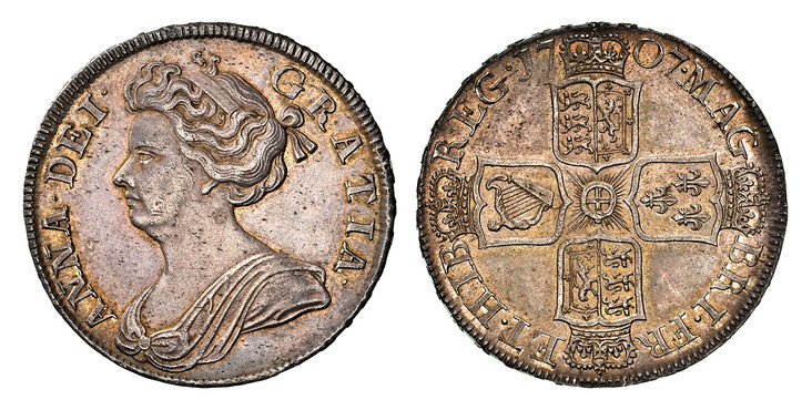 イギリス1707年アン女王 ハーフクラウン銀貨 NGC MS63の画像