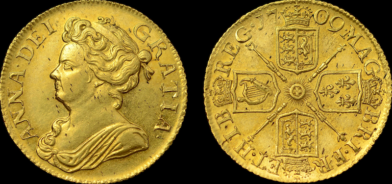 イギリス1709年アン女王1ギニー金貨 NGC MS63+の画像