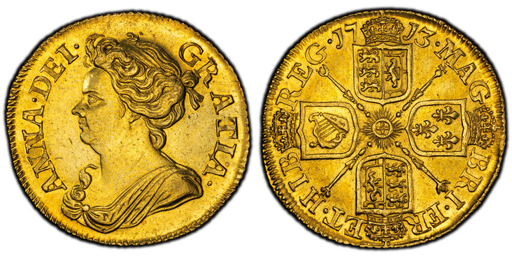 イギリス1713年アン女王1ギニー金貨 PCGS MS62の画像