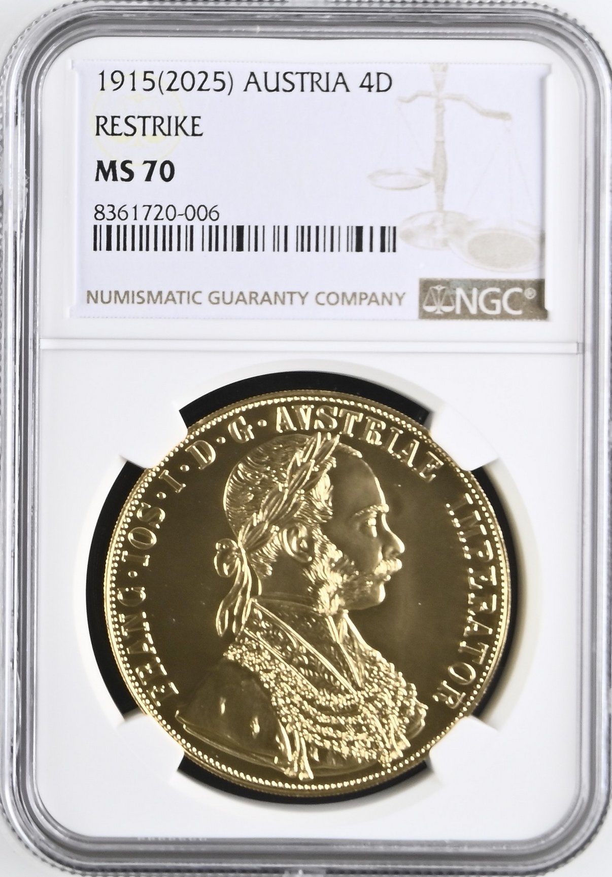 オーストリア1915/2025年4ダカット金貨リストライク NGC MS70の画像