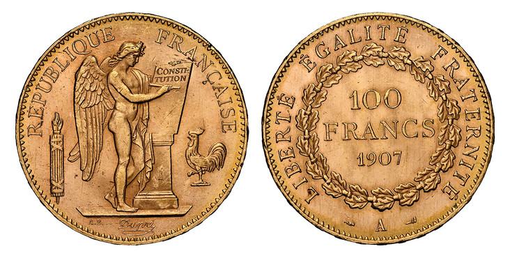 フランス1907年エンジェル100フラン金貨 PCGS MS63の画像