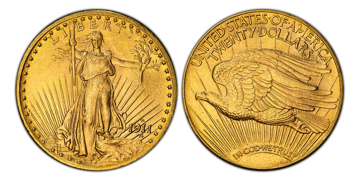 アメリカ1911年セントゴーディンズ20ドル金貨 PCGS MS65の画像