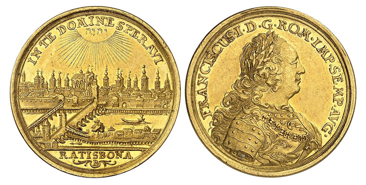 ドイツレーゲンスブルク1745年2ダカット都市景観金貨 NGC AU58の画像