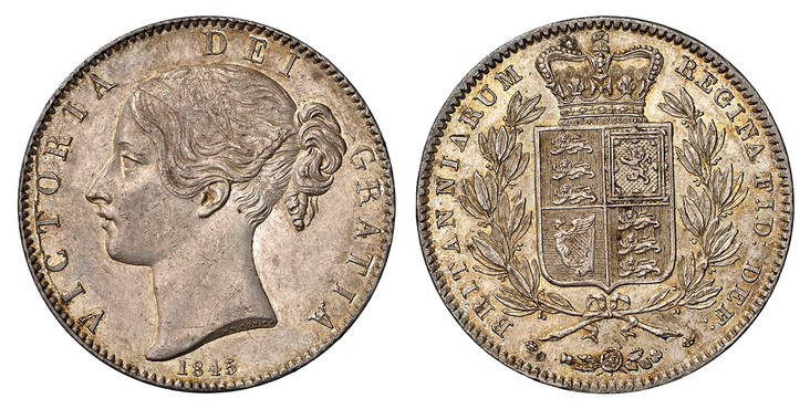 イギリス1845年ヴィクトリアクラウン銀貨 NGC MS62の画像