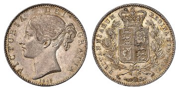 イギリス1845年ヴィクトリアクラウン銀貨 NGC MS62の画像