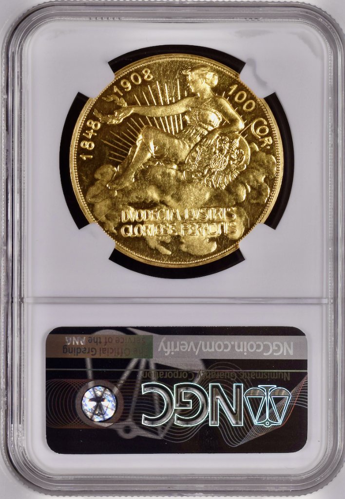 オーストリア1908年100コロナ金貨雲上の女神 NGC PF63CAM の画像