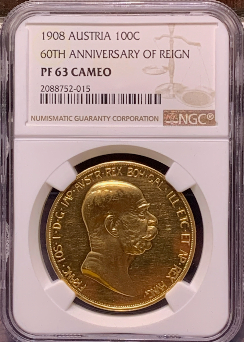 オーストリア1908年100コロナ金貨雲上の女神 NGC PF63CAM の画像