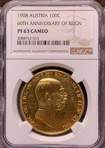 オーストリア1908年100コロナ金貨雲上の女神 NGC PF63CAM の画像