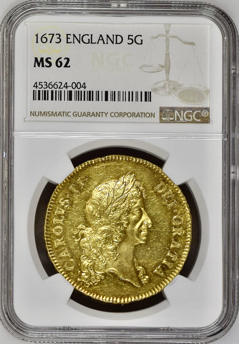 1673年チャールズ2世5ギニー金貨 NGC MS62の画像