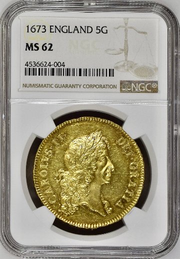1673年チャールズ2世5ギニー金貨 NGC MS62の画像