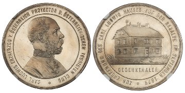 オーストリア1877年ターラー銀貨ラクサルペ山荘 NGC PF64CAMの画像