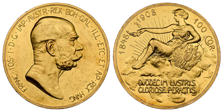 オーストリア1908年100コロナ金貨雲上の女神 NGC PF60の画像