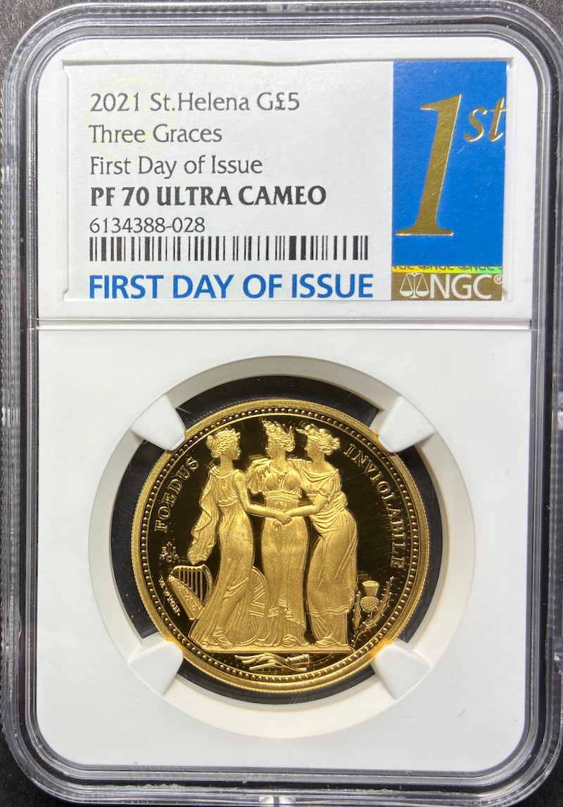 セントヘレナ2021年スリーグレイセス5ポンド金貨PF70UCAMの画像