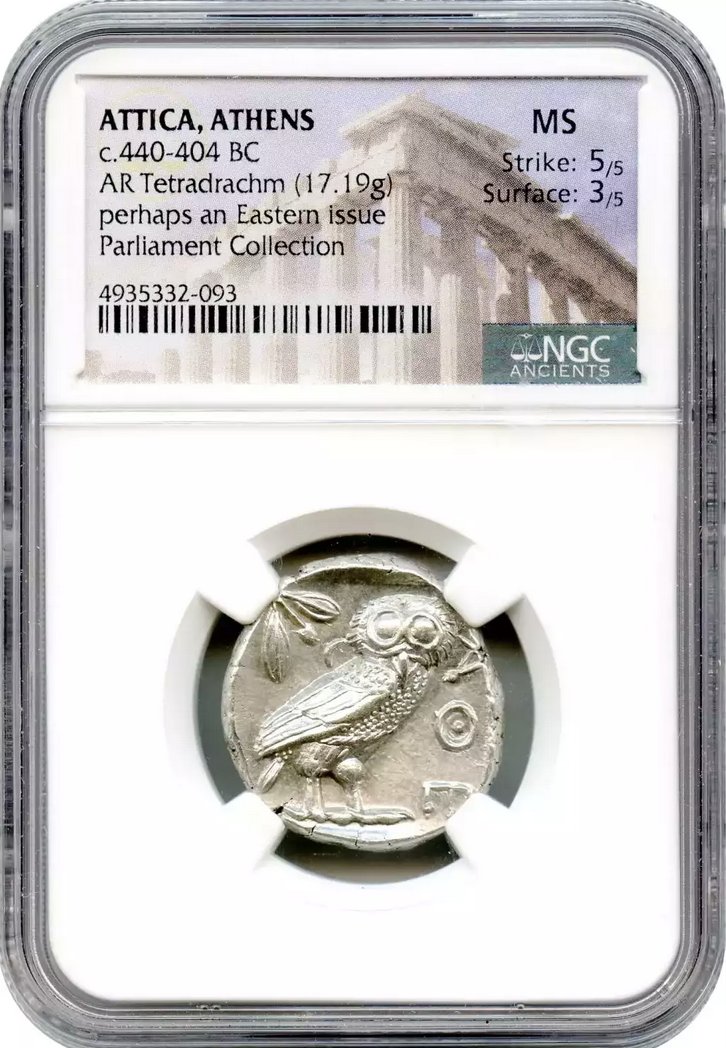古代ギリシャ テトラドラクマ銀貨フクロウNGC MS 5//5 3/5の画像