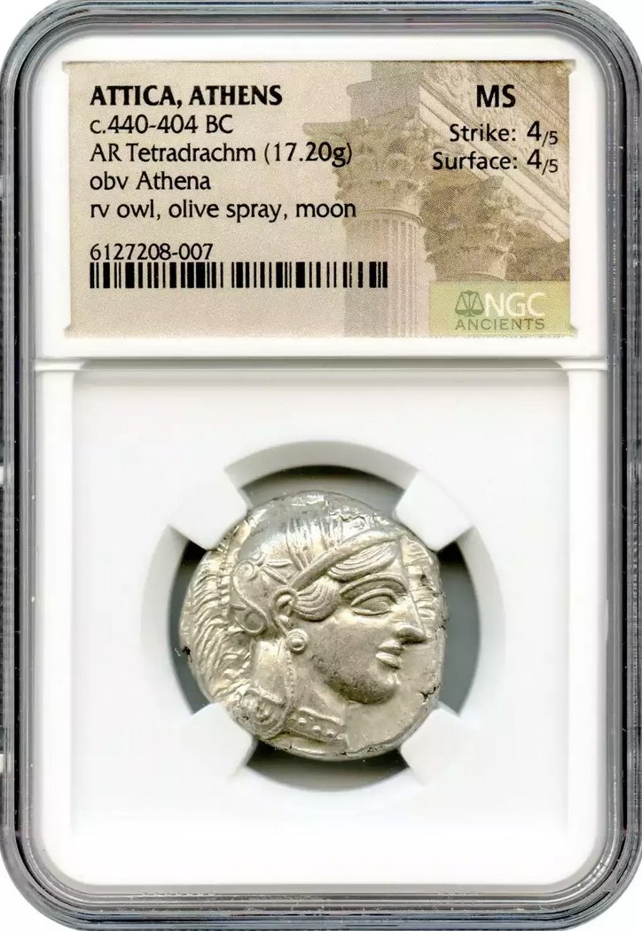 古代ギリシャ テトラドラクマ銀貨フクロウNGC MS 4//5 4/5の画像