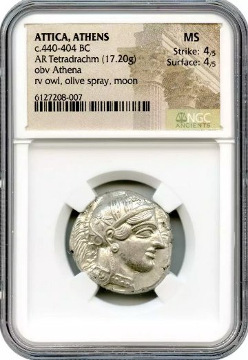 古代ギリシャ テトラドラクマ銀貨フクロウNGC MS 4//5 4/5の画像