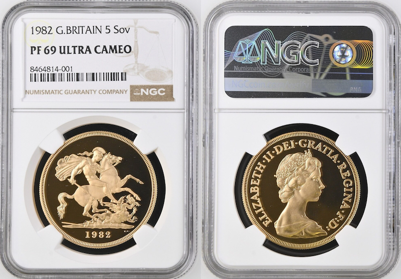 イギリス1982年エリザベス5ポンド金貨 NGC PF69 DCAMの画像