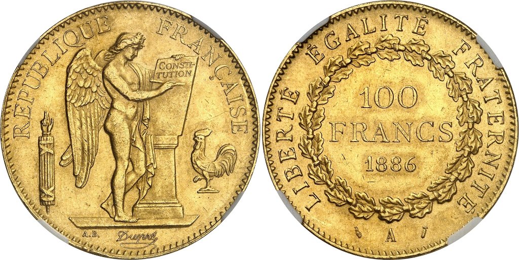 フランス1886年エンジェル100フラン金貨 NGC MS62の画像