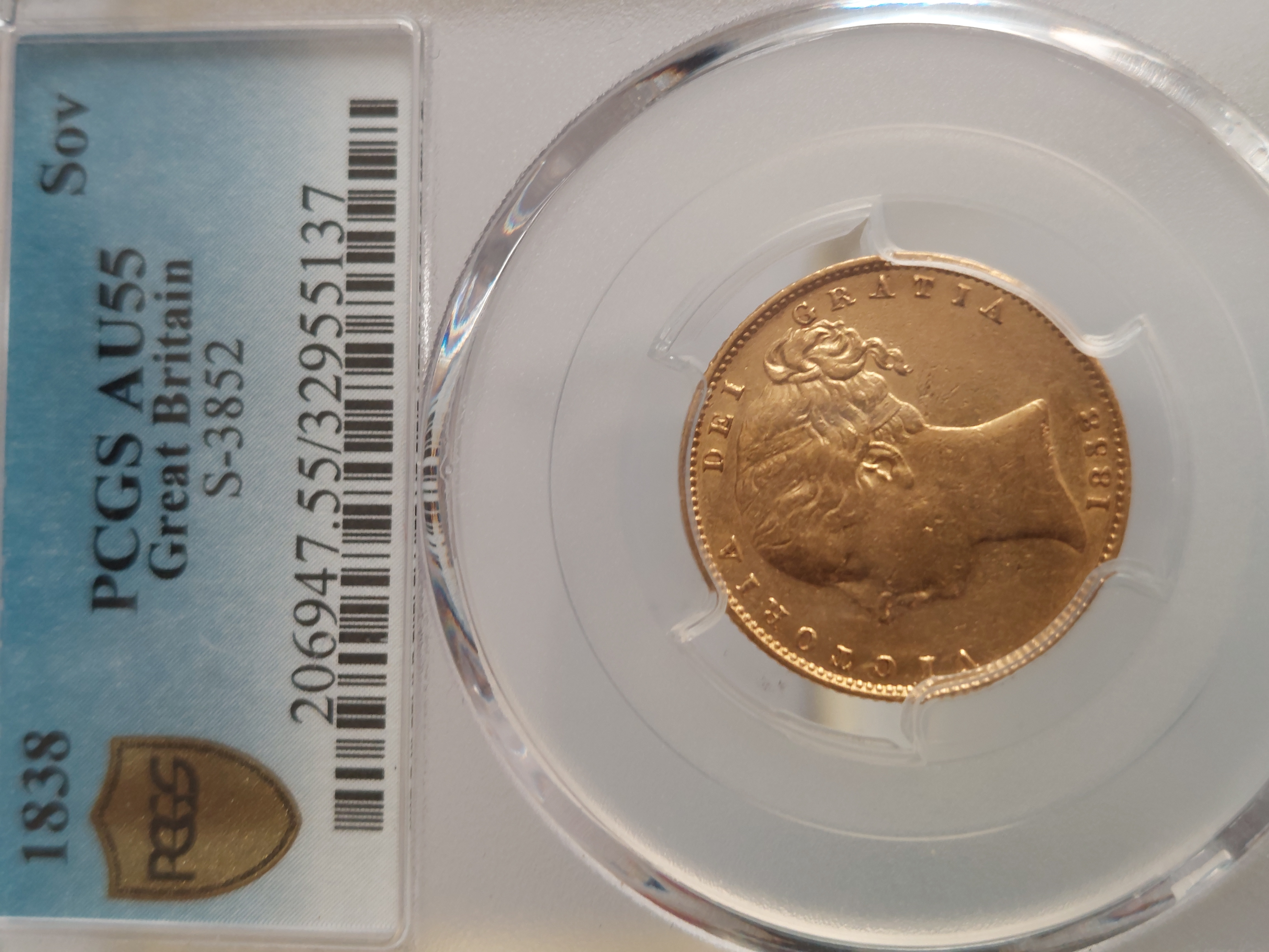 イギリス1838年ヴィクトリアソブリン 金貨PCGS AU55の画像