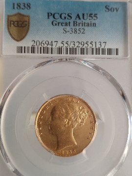イギリス1838年ヴィクトリアソブリン 金貨PCGS AU55の画像