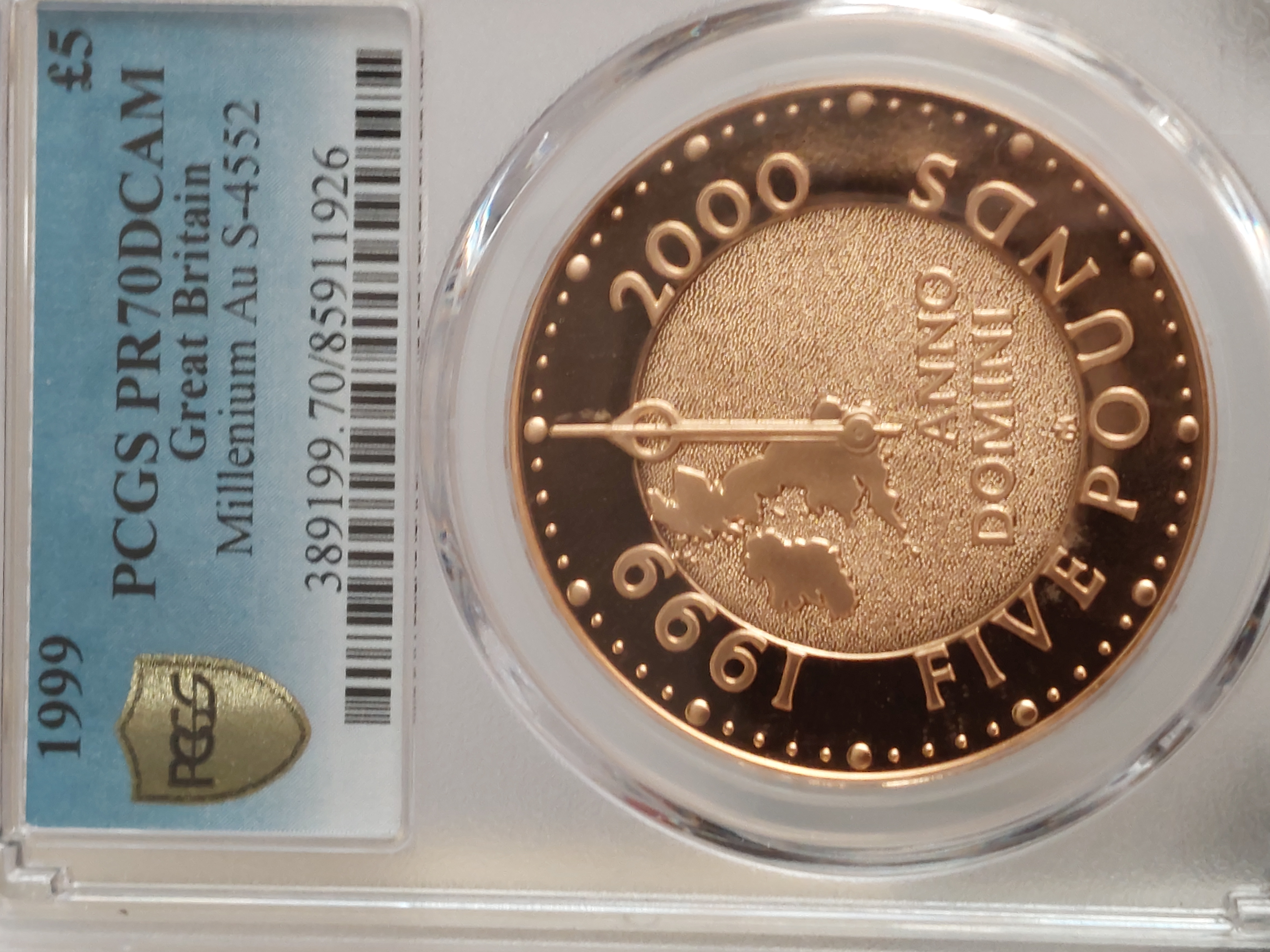 イギリス1999年ミレニアム5ポンド金貨 PCGS PR70 DCAMの画像