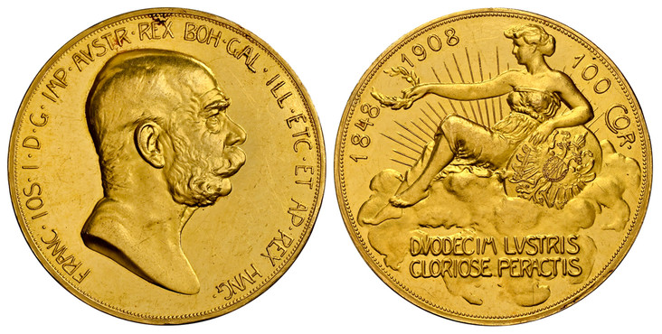 オーストリア1908年100コロナ金貨NGCPF 61雲上の女神の画像