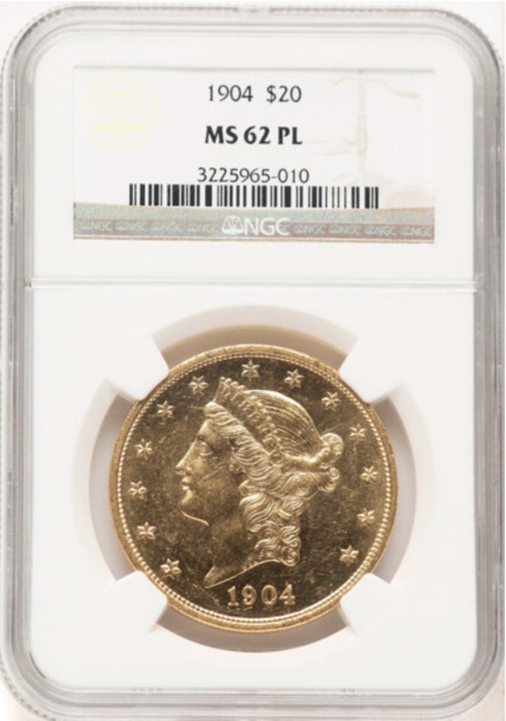 アメリカ1904年リバティ20ドル金貨 NGC MS62PL プルーフライクの画像