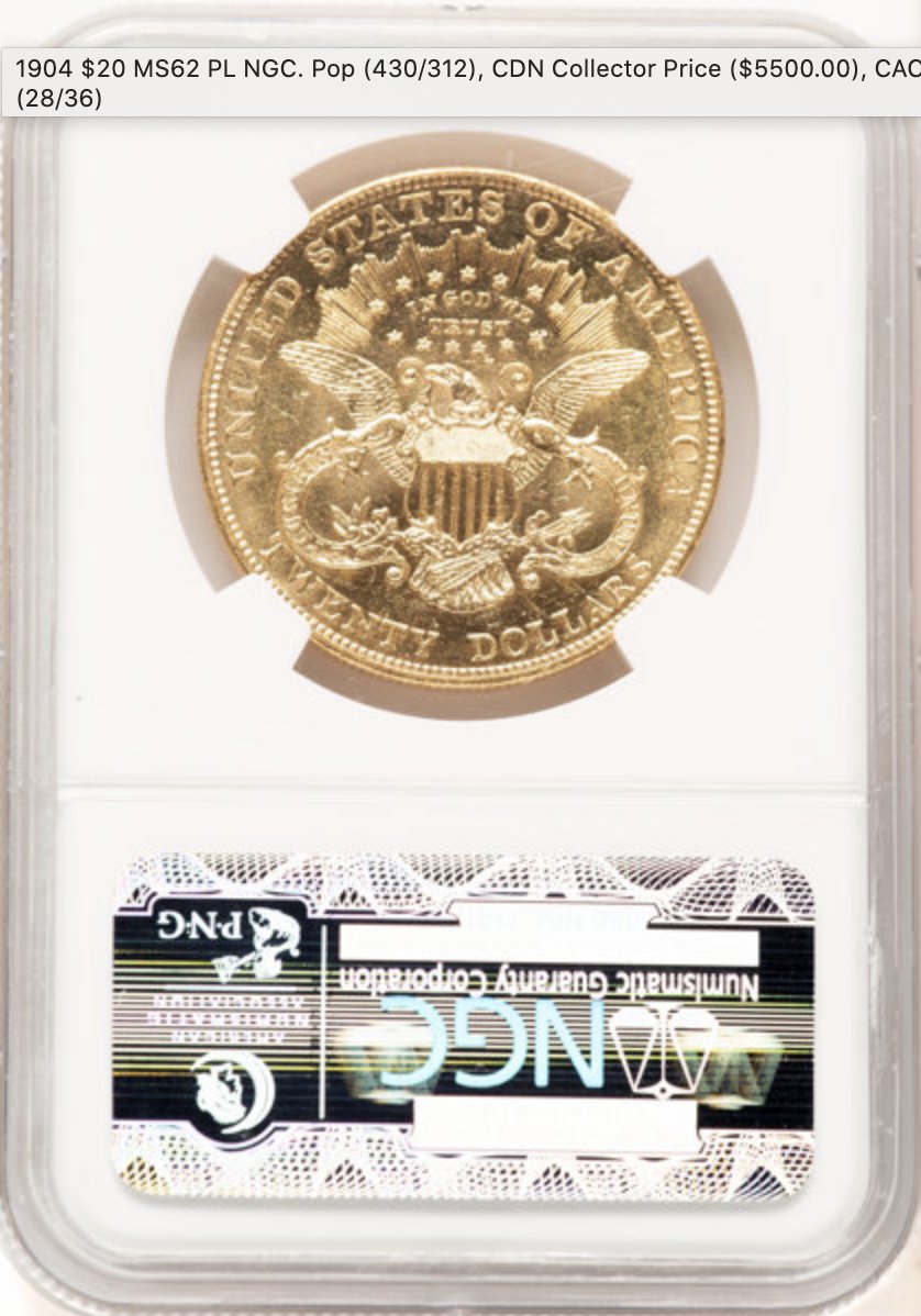 アメリカ1904年リバティ20ドル金貨 NGC MS62PL プルーフライクの画像
