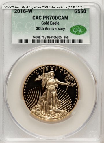 アメリカ2016年プルーフ ゴールドイーグル50ドル金貨PCGS PR70DCAM/CACの画像