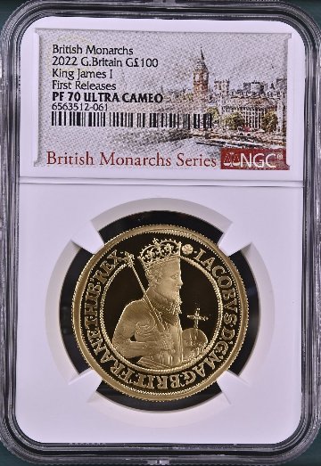 イギリス2022年ジェームス1世王朝100ポンド金貨NGC PF70 UCAMの画像