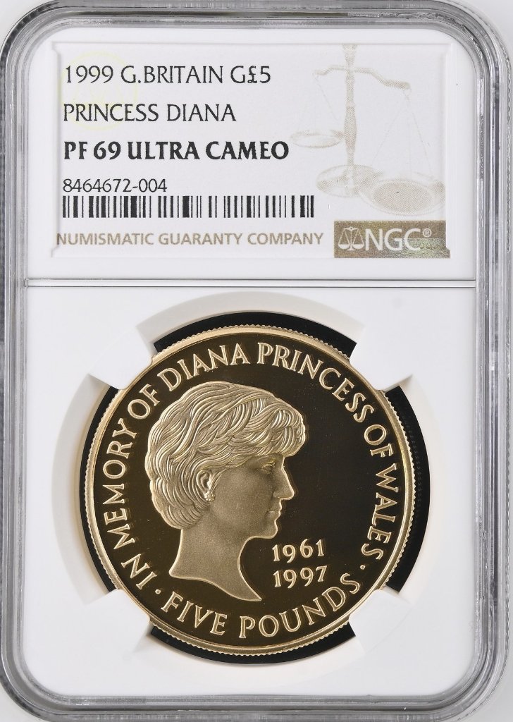 イギリス1999年ダイアナ5ポンド金貨NGC PF69 UCAMの画像