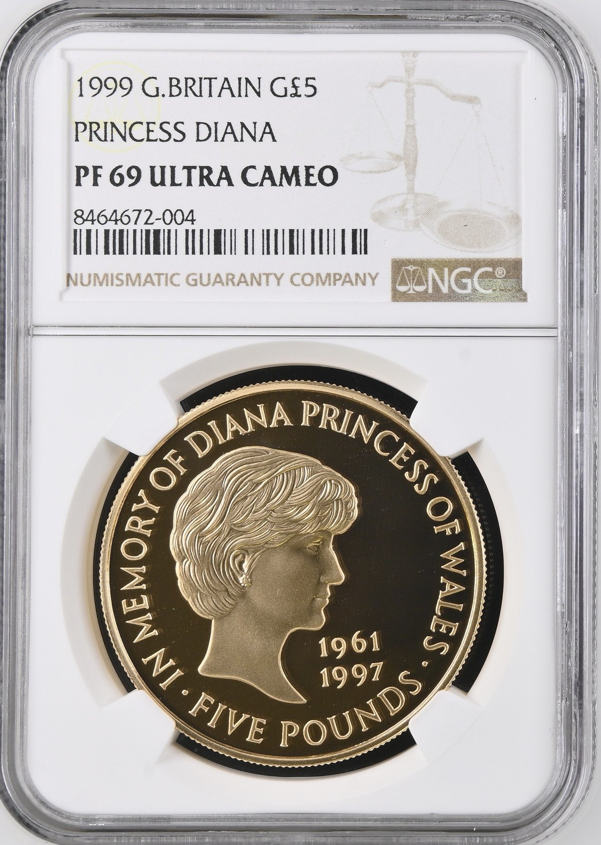 イギリス1999年ダイアナ5ポンド金貨NGC PF69 UCAMの画像