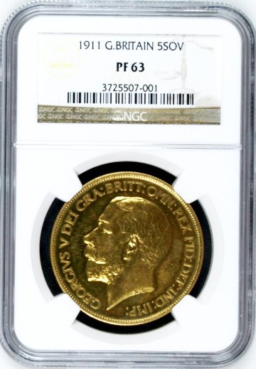 イギリス1911年ジョージ5世5ポンド金貨PF63の画像