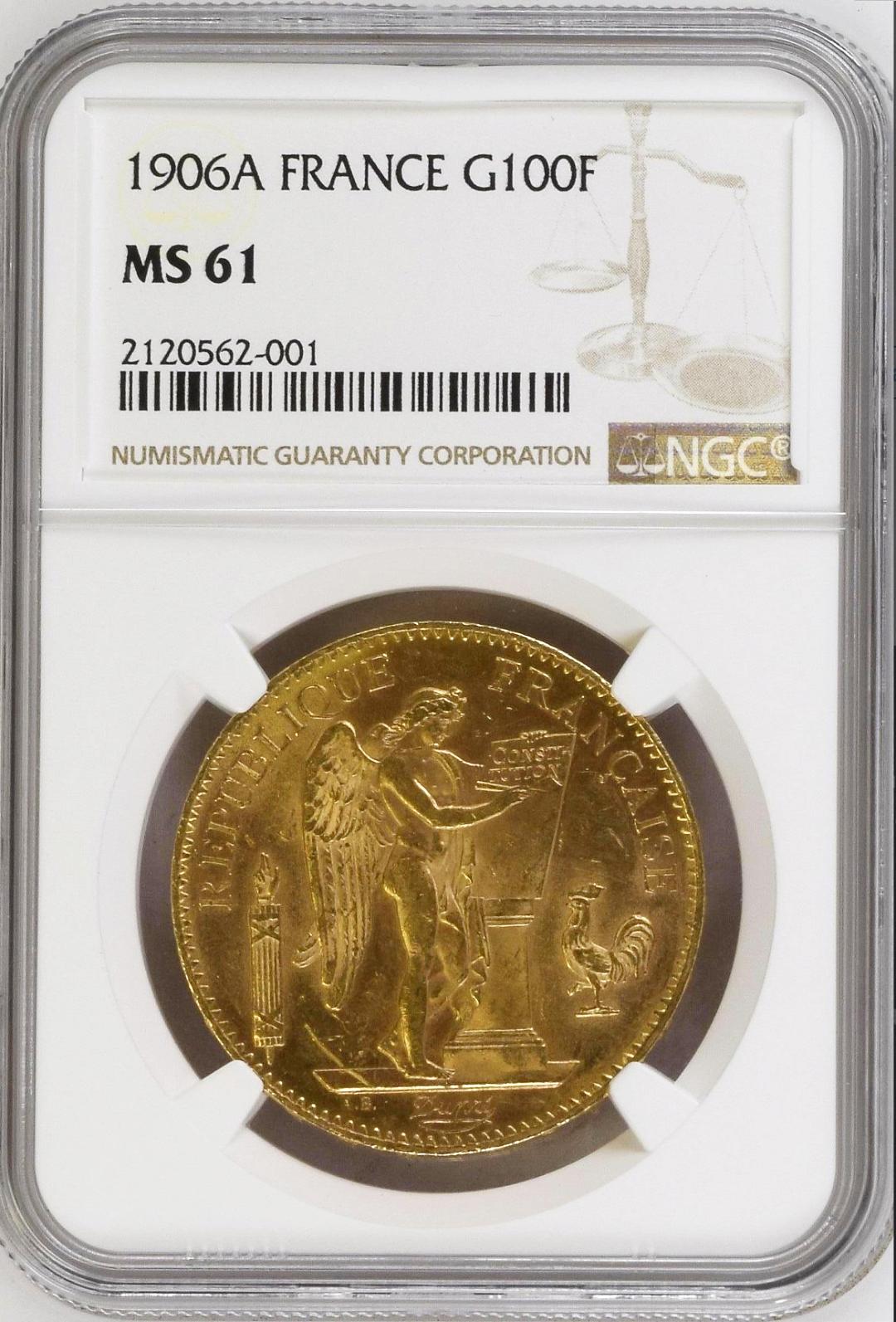フランス1906年エンジェル100フラン金貨 NGC MS61 地金価格