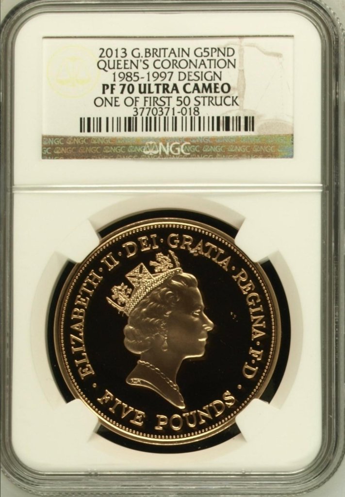 イギリス2013年エリザベス戴冠1985-1997肖像5ポンド金貨NGCPF70UCAM 148枚発行の画像