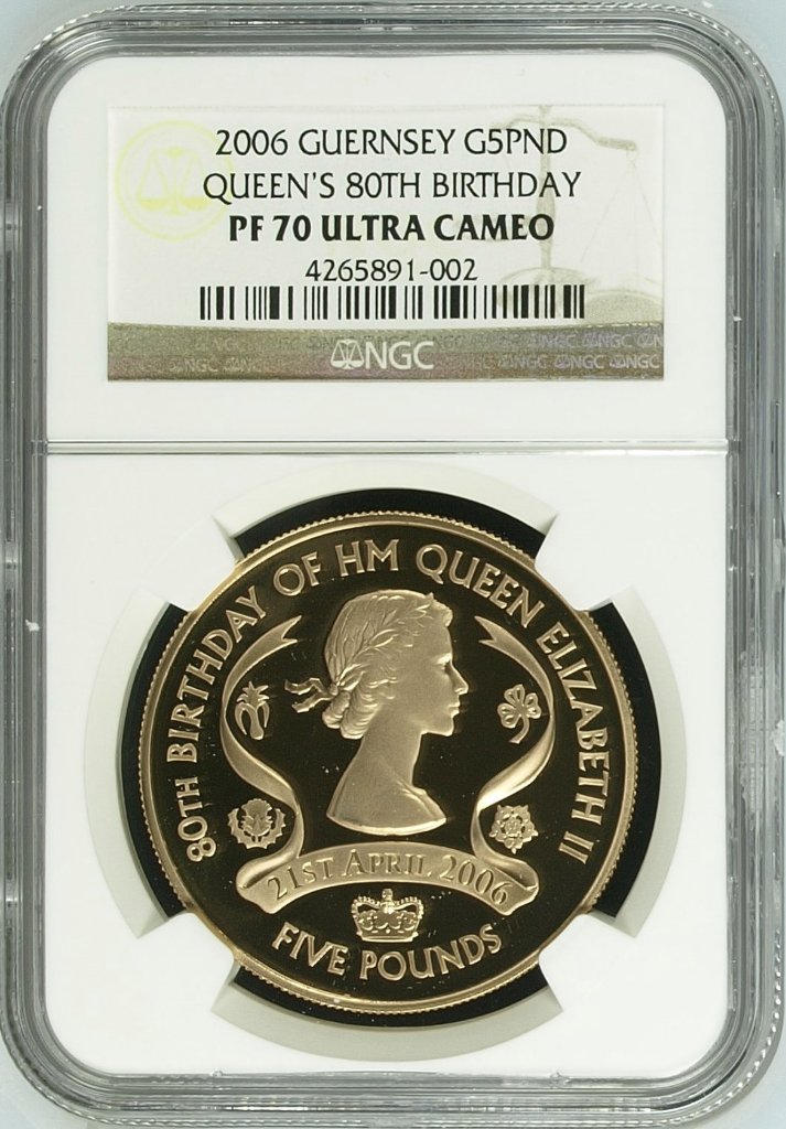 イギリス領ガーンジー2006年エリザベス80歳5ポンド金貨 NGC PF70 UCAMの画像