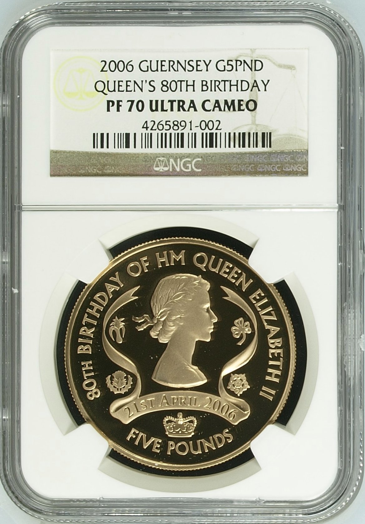 イギリス領ガーンジー2006年エリザベス80歳5ポンド金貨 NGC PF70 UCAM