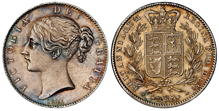 イギリス1845年ヴィクトリアクラウン銀貨 NGC MS61の画像