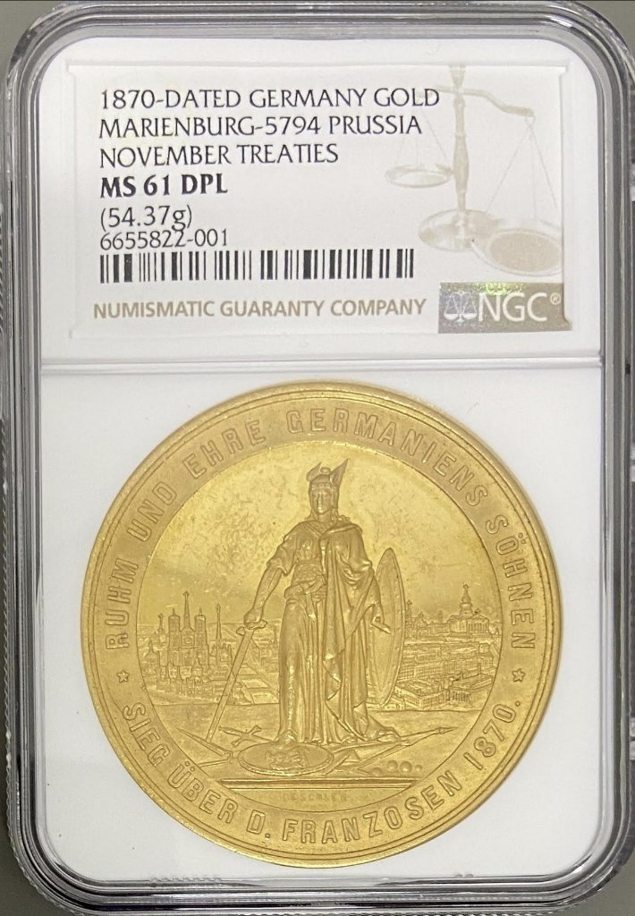 ドイツ プロイセン1870年16ダカット大型ゴールドメダル NGC MS61 DPLの画像