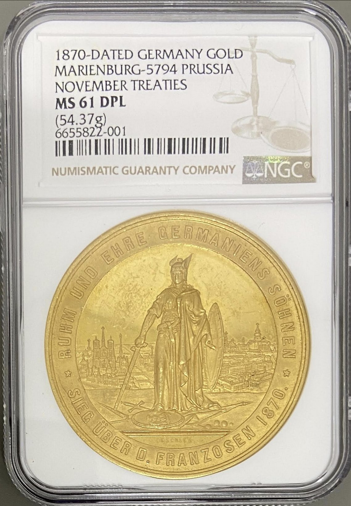 ドイツ プロイセン1870年16ダカット大型ゴールドメダル NGC MS61 DPLの画像