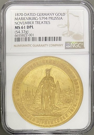 ドイツ プロイセン1870年16ダカット大型ゴールドメダル NGC MS61 DPLの画像