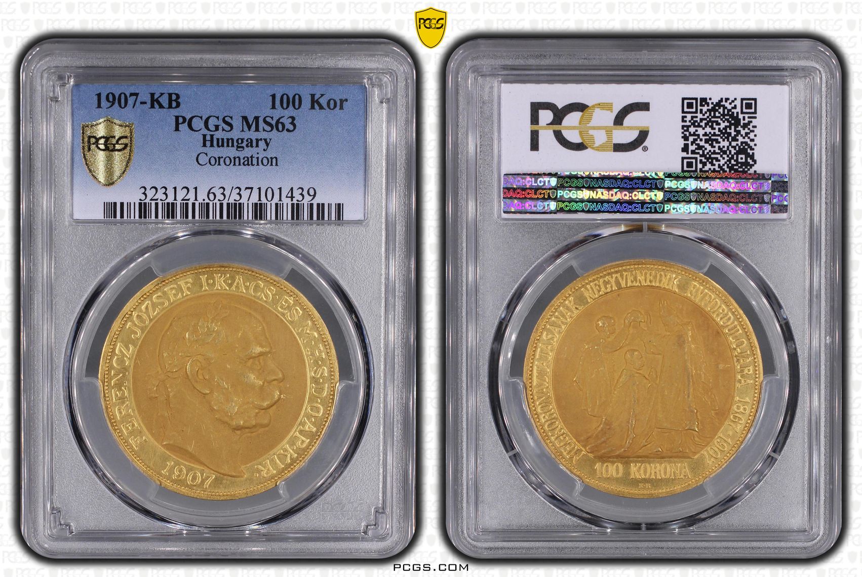 ハンガリー1907年100コロナ金貨 PCGS MS63の画像