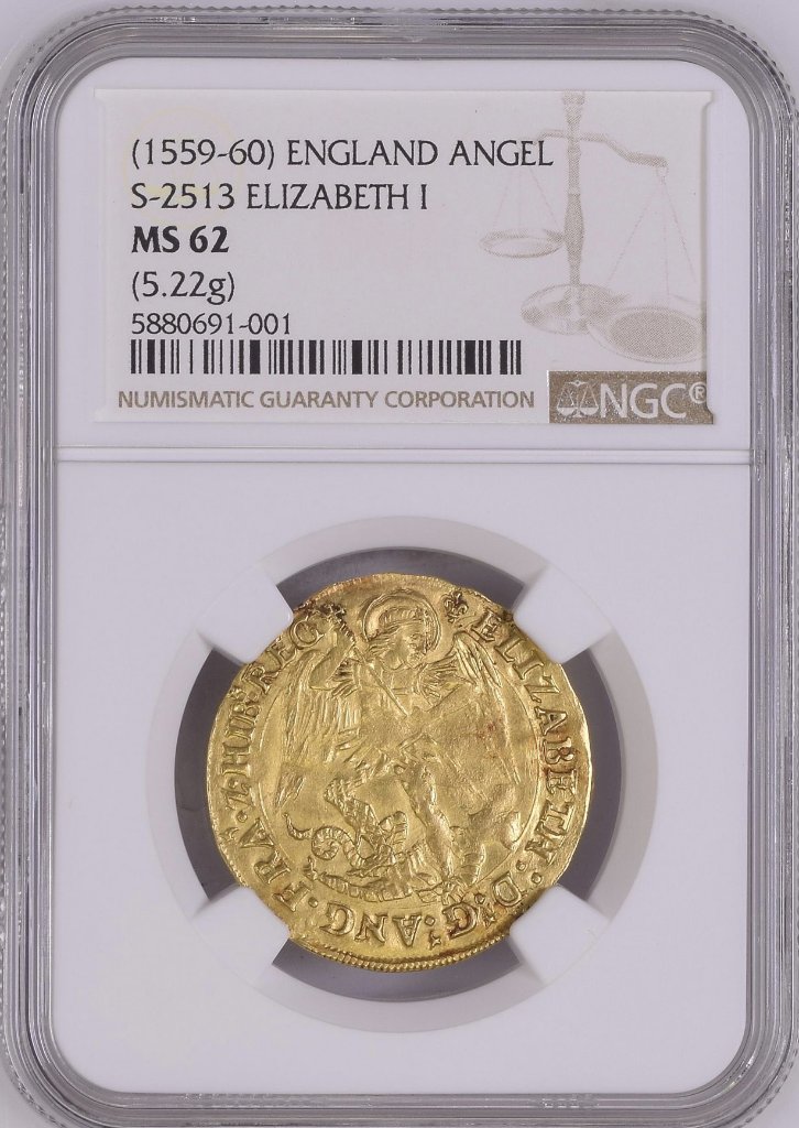 イギリス1559年エリザベス1世エンジェル金貨 NGC MS62の画像