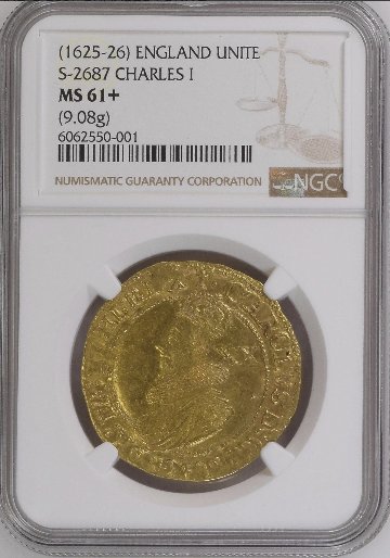 イギリス1625年チャールズ1世ユナイト金貨 NGC MS61+の画像