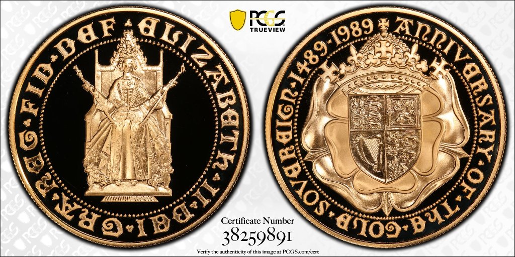 イギリス1989年ソブリン発行500年5ポンド金貨 PCGS PR70 DCAMの画像