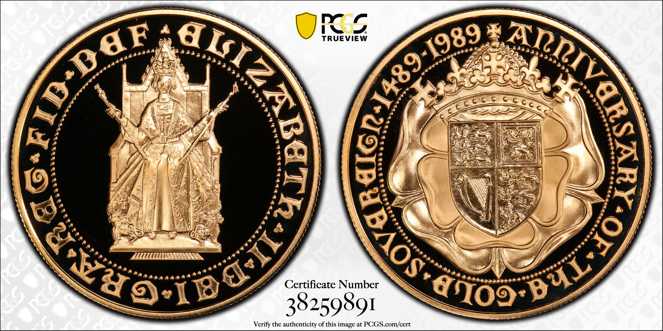 イギリス1989年ソブリン発行500年5ポンド金貨 PCGS PR70 DCAMの画像