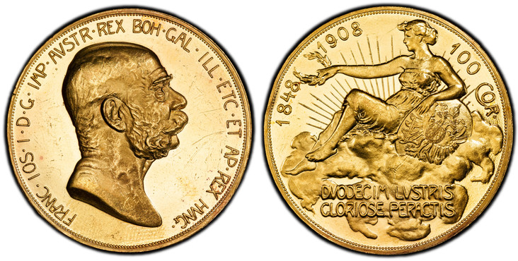 オーストリア1908年100コロナ金貨 雲上の女神 PCGS PR62CAMの画像